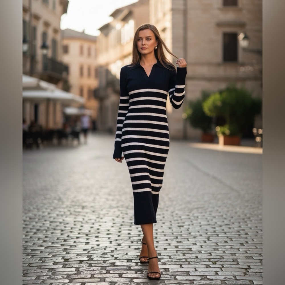 English Factory Long-Sleeve Collared Knit Midi Dress  NWT